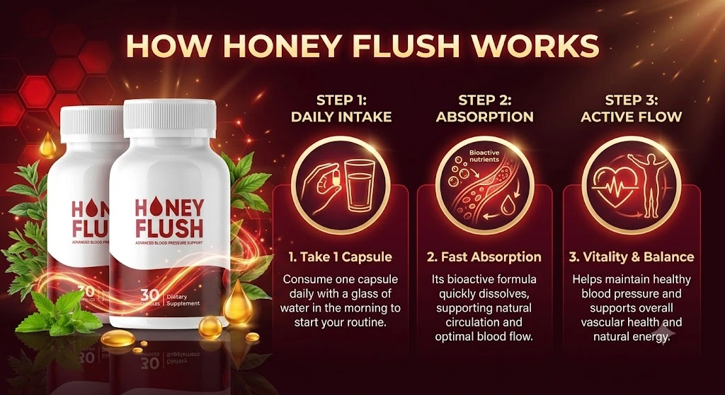 How Honey Flush works: take one capsule daily, fast absorption, supports healthy blood pressure and vascular health